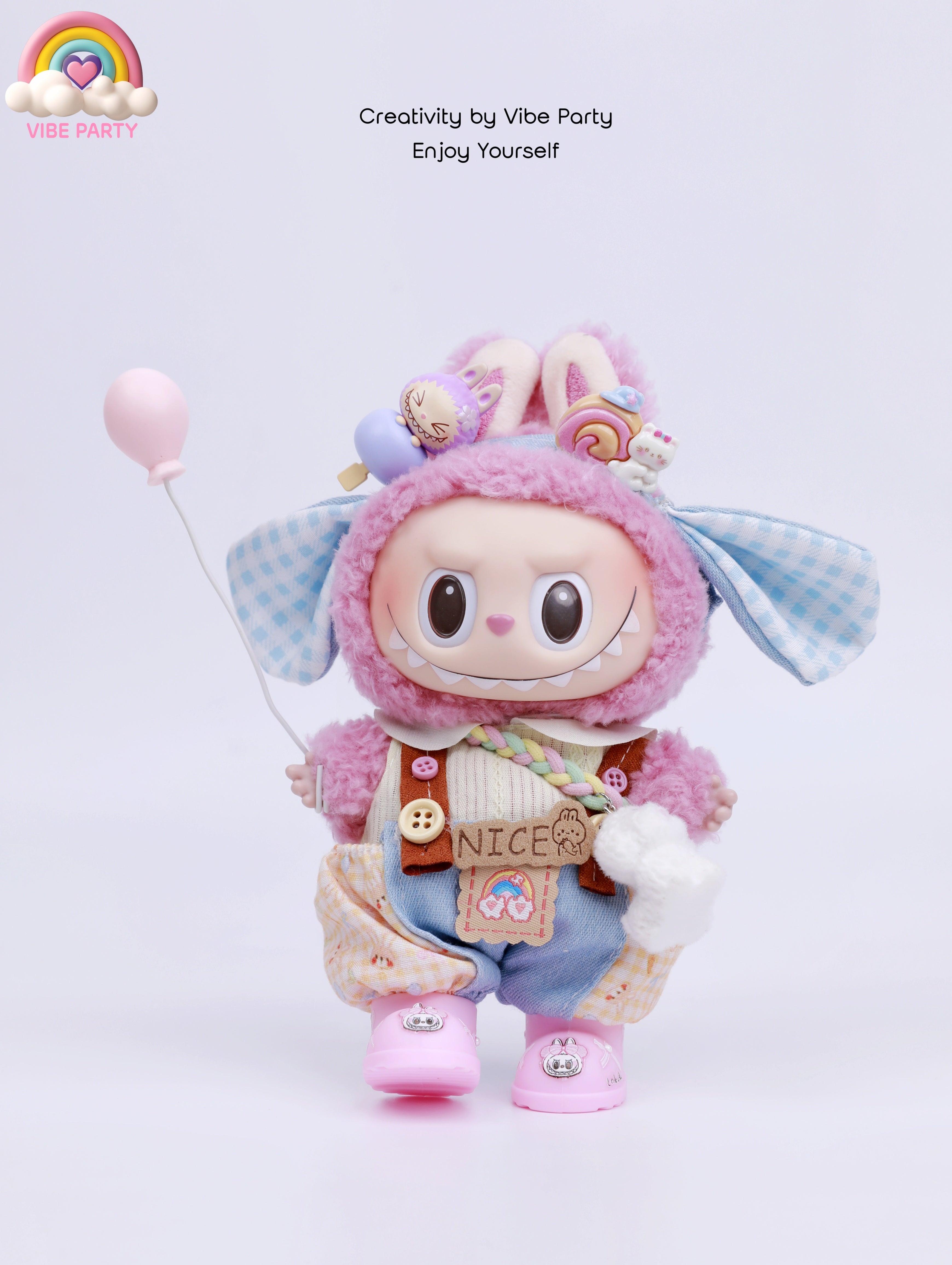 LBB Doll Clothes - Pink-Blue Plaid Cute Rabbit 6-Piece Set (Doll Not Included)