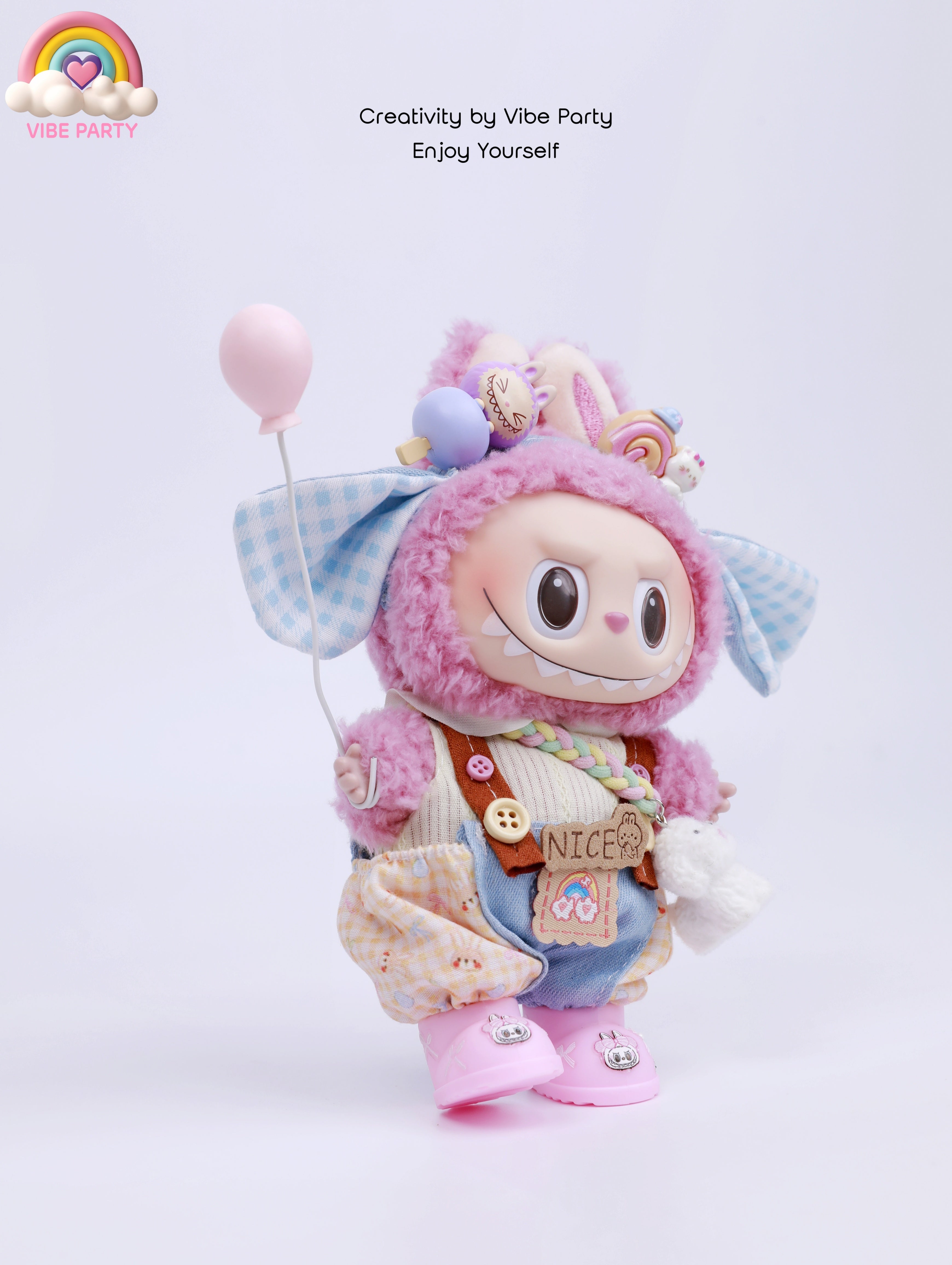 LBB Doll Clothes - Pink-Blue Plaid Cute Rabbit 6-Piece Set (Doll Not Included)