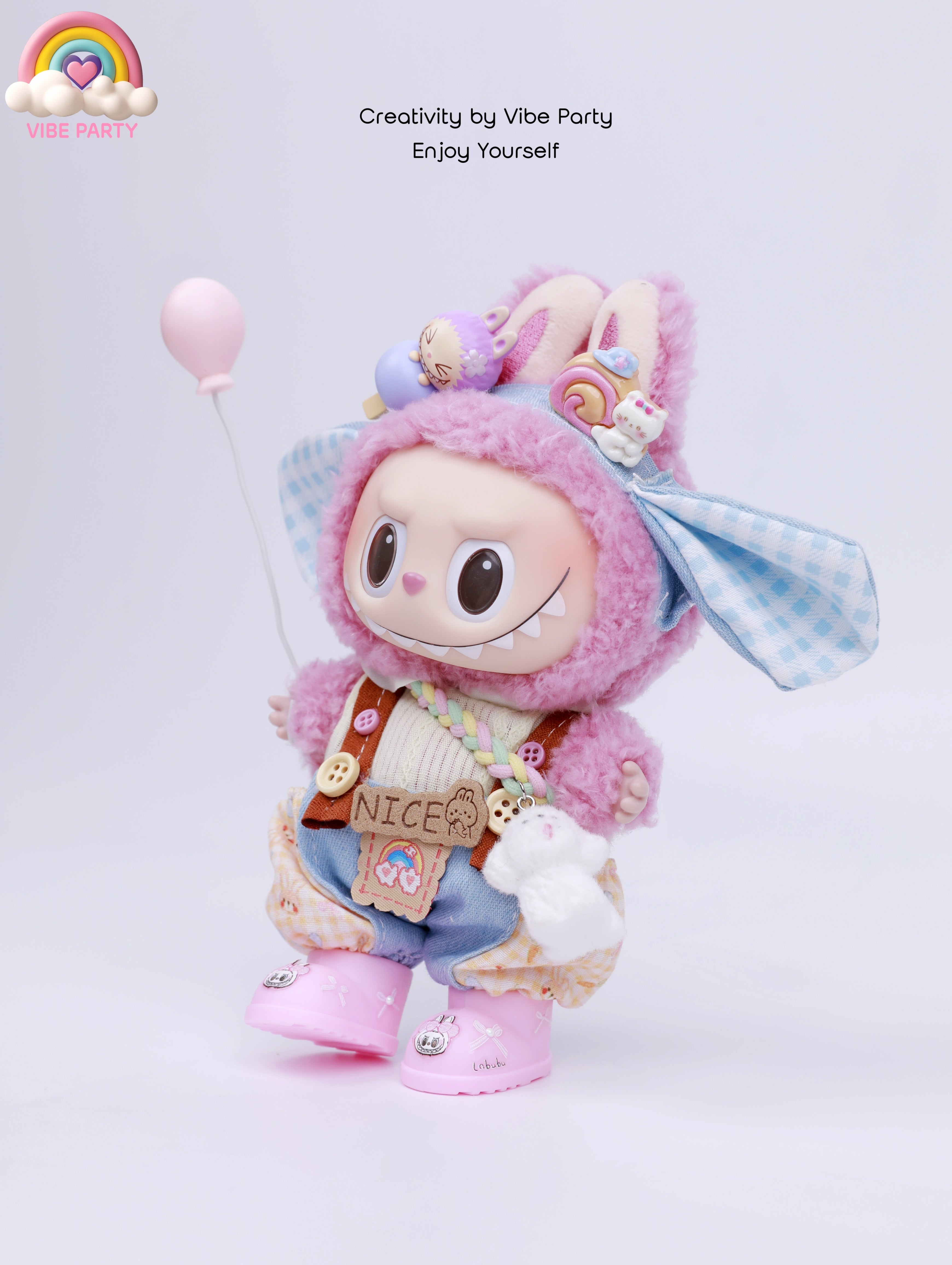 LBB Doll Clothes - Pink-Blue Plaid Cute Rabbit 6-Piece Set (Doll Not Included)